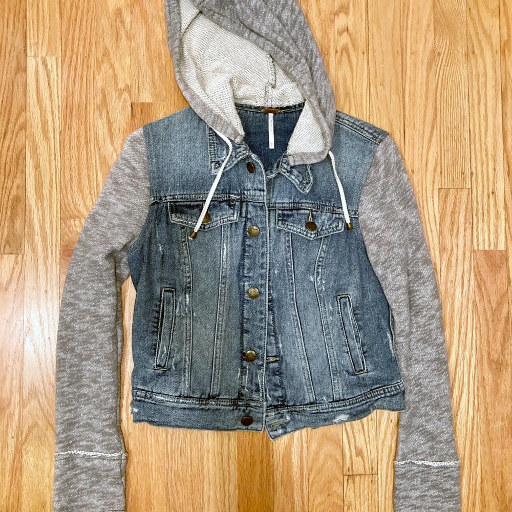 Free People Jean Jacket, Knit Hooded Denim Vintage